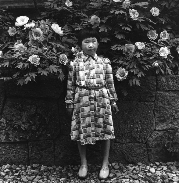 ISSEI SUDA: 1949 GIOVANE IN UN ROSETO Stampa alla gelatina ai sali d'argento, cm 20,5x20 su carta cm 31x25. Firma dell'artista sul retro.