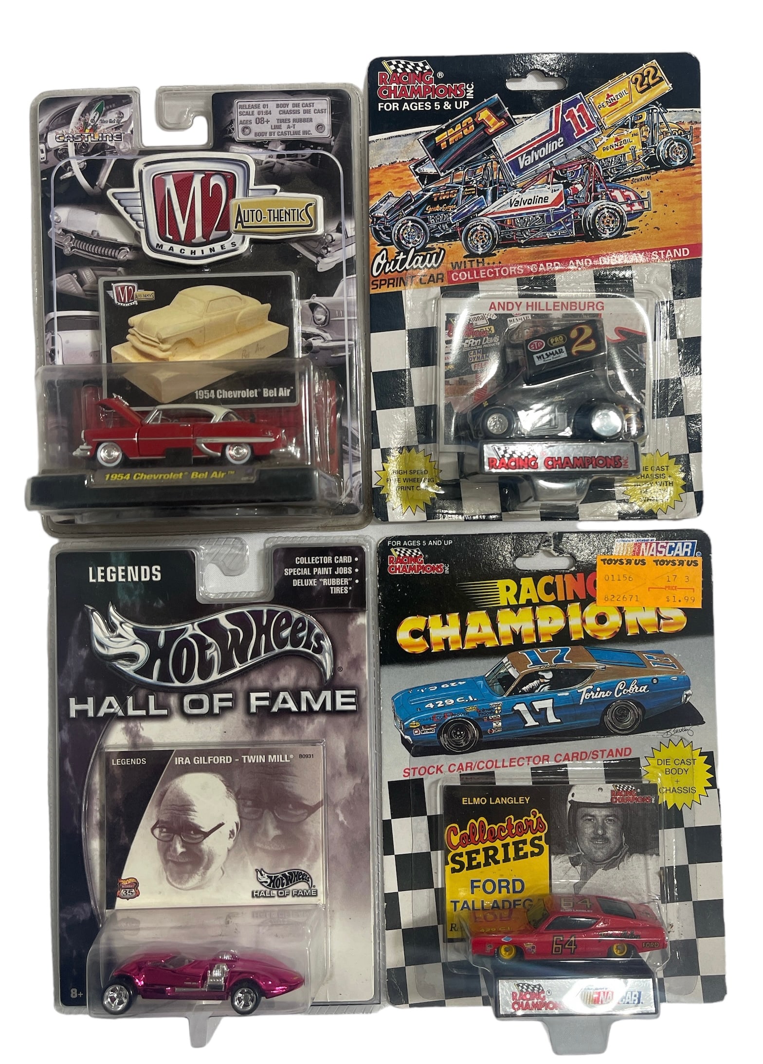 Lot of 4 | SEALED M2 Machines, Two Racing Champions, and Hot Wheels Toy Car Packs: Sealed M2 Machines ’54 Chevrolet Bel Air, Racing Champion “Andy Hillenburg”, Hot Wheels “Ira Gilford - Twin Mill, and Racing Champion “Elmo Langley” toy cars