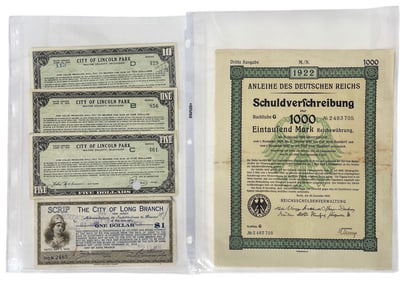 German 1000 Mark Reich Treasury Bond Certificate and Bank Note Collection