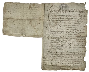 1725 Handwritten French Legal Document Featuring | 2 Sols La Bleue Paris Tax Stamp