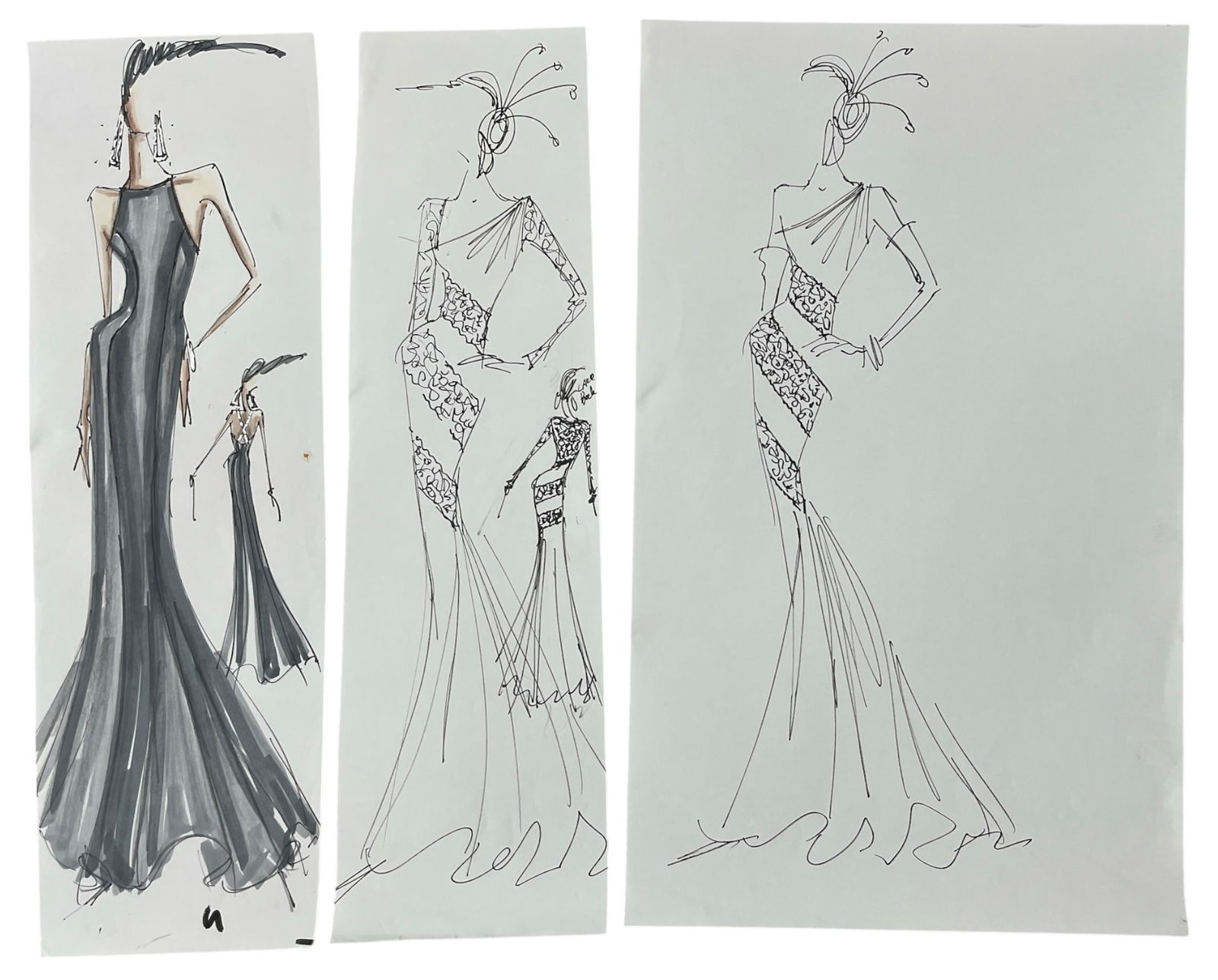 Luxury Fashion Brands | Original Designer Sketch | One of a Kind Artwork: High end Fashion Sketches | Believed to be original production artwork possibly associated with luxury fashion houses such as Dior Versace or Chanel. A unique and elegant piece that captures the essen