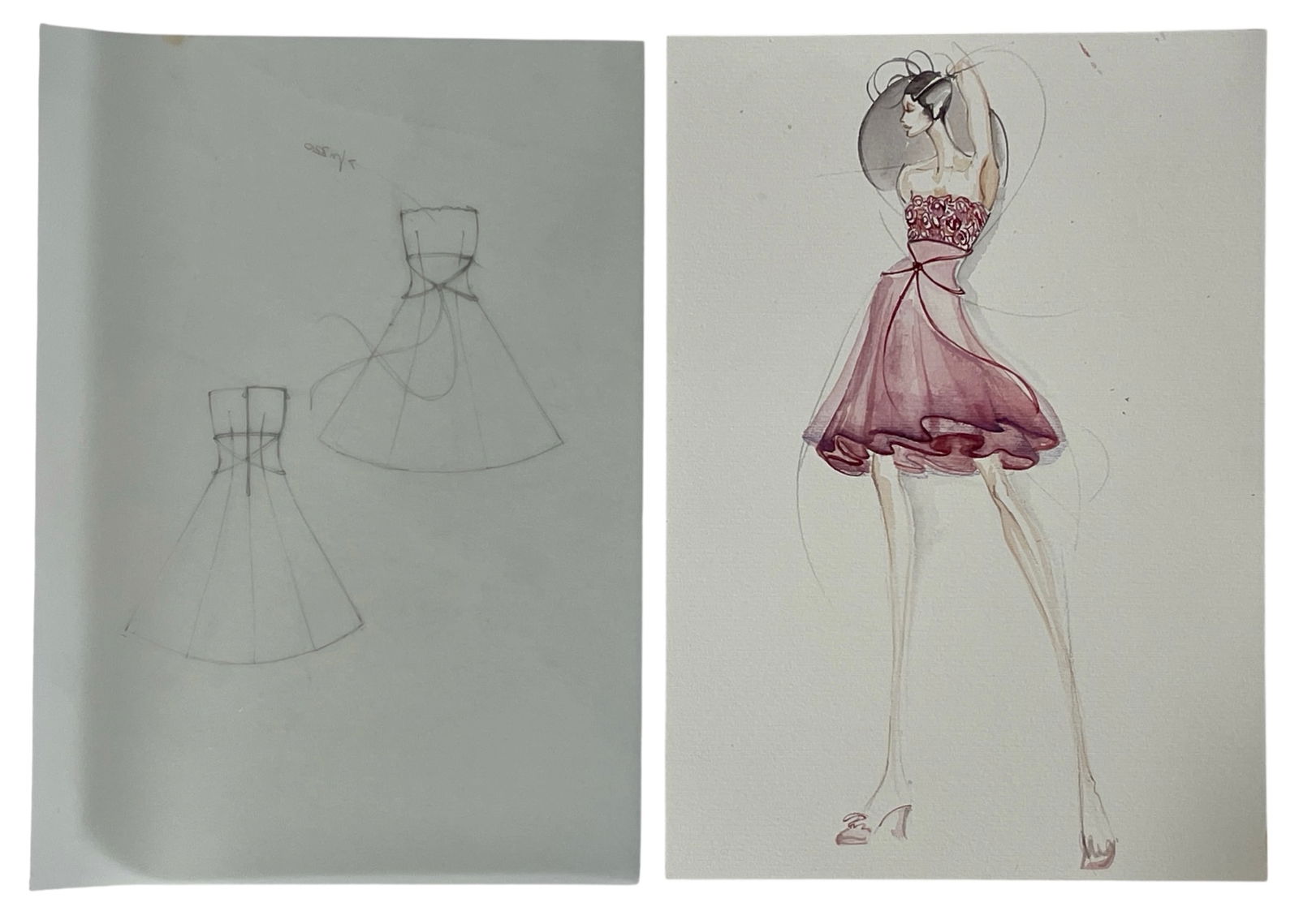 Luxury Fashion Brands | Original Designer Sketch | One of a Kind Artwork: High end Fashion Sketches | Believed to be original production artwork possibly associated with luxury fashion houses such as Dior Versace or Chanel. A unique and elegant piece that captures the essen