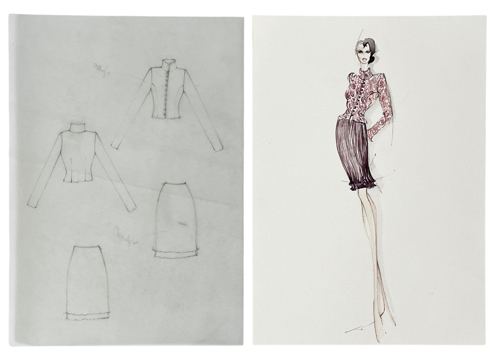 Luxury Fashion Brands | Original Designer Sketch | One of a Kind Artwork: High end Fashion Sketches | Believed to be original production artwork possibly associated with luxury fashion houses such as Dior Versace or Chanel. A unique and elegant piece that captures the essen