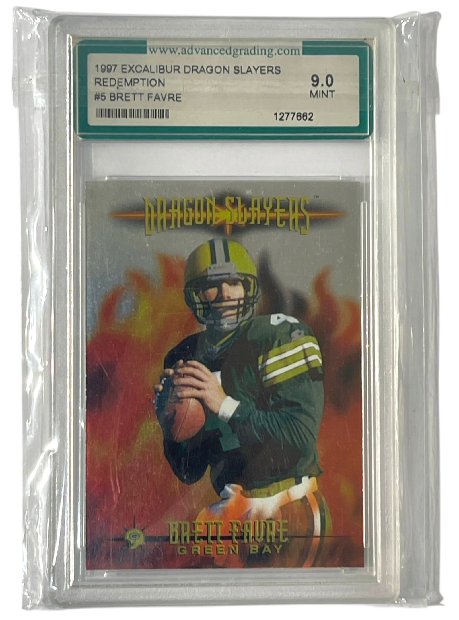 1997 Excalibur Dragon Slayers Redemption | Brett Favre | GRADED 9: AUTHENTICATION HAS NOT BEEN PERFORMED TO GUARANTEE VERIFICATION | All purchases are made at the buyers discretion