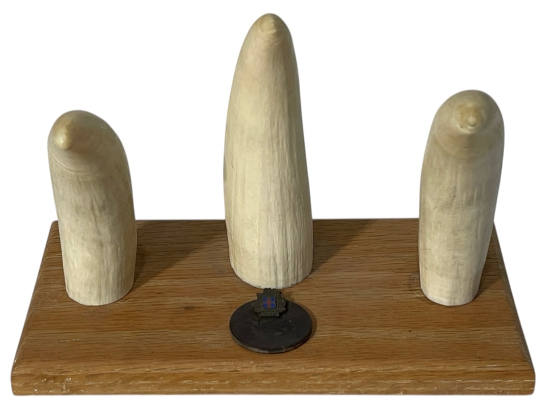 Three Pieces Of Scrimshaw On A Wooden Base: Three Pieces Of Scrimshaw On A Wooden Base