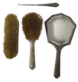 Silver Button Hook Hand Mirror and Hair Brush Set