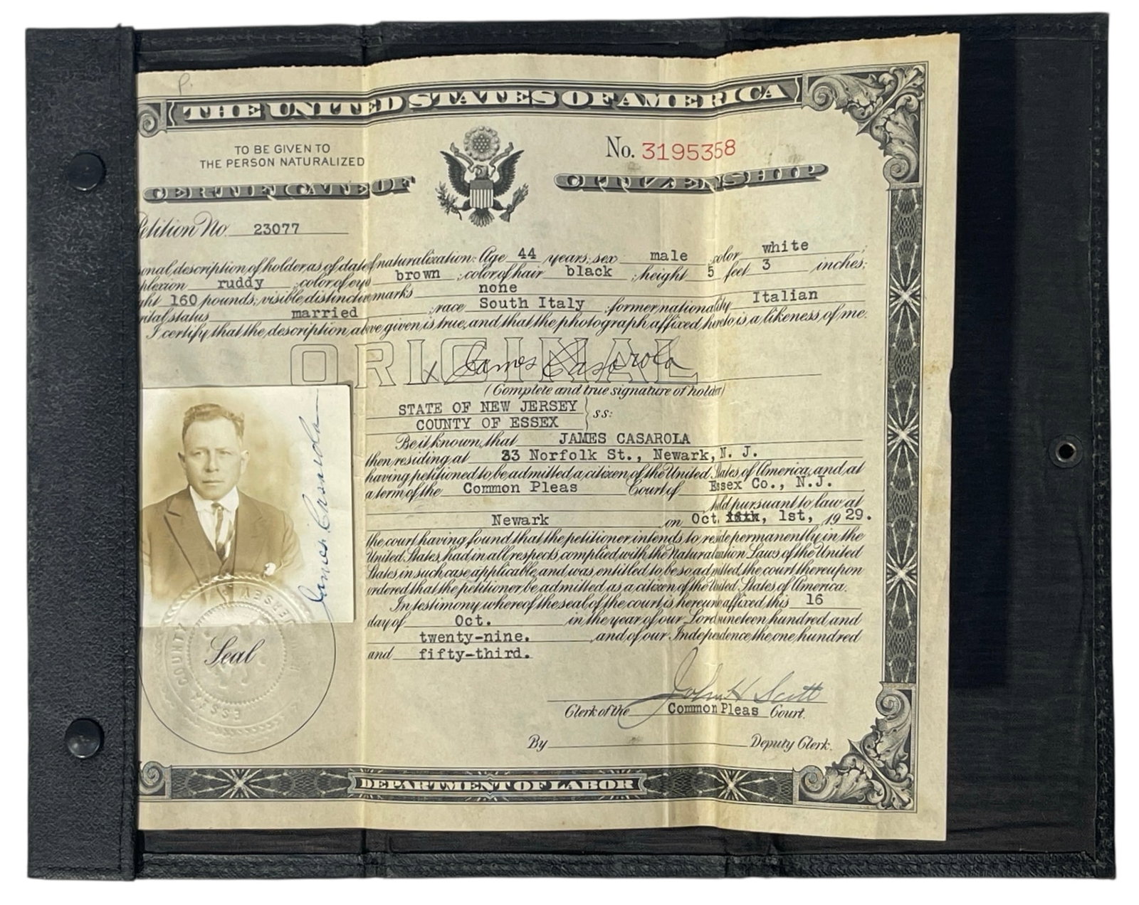 Vintage United States Certificate of Naturalization for James Casarola: Vintage United States Certificate of Naturalization for James Casarola