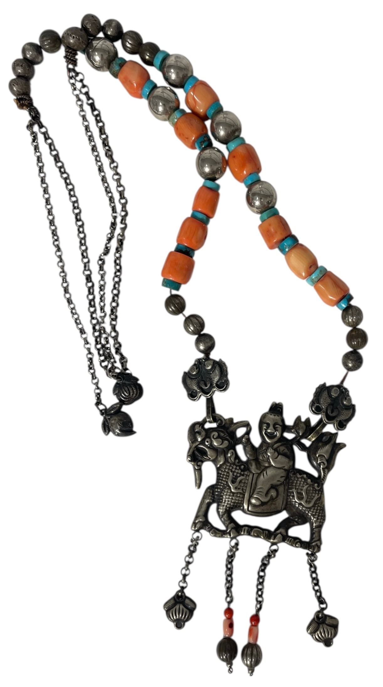 Chinese Silver Necklace Featuring a Pendant of a Figure Riding a Mythical Beast: Chinese Silver Necklace Featuring a Pendant of a Figure Riding a Mythical Beast