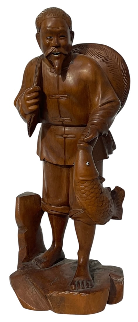 Hand Carved Wooden Statue of a Fisherman: Hand Carved Wooden Statue of a Fisherman