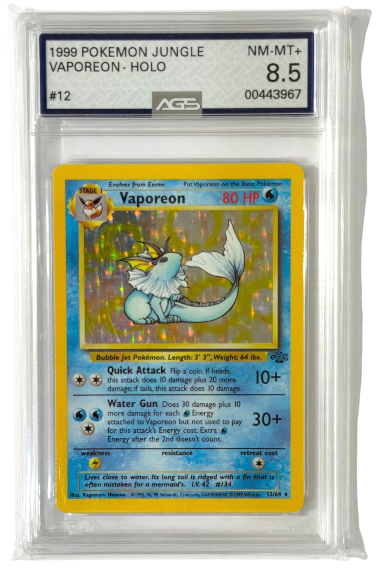 1999 Vaporeon | Pokemon Jungle HOLO | No. 12 | Graded 8.5: 1999 Vaporeon | Pokemon Jungle HOLO | No. 12 | Graded 8.5