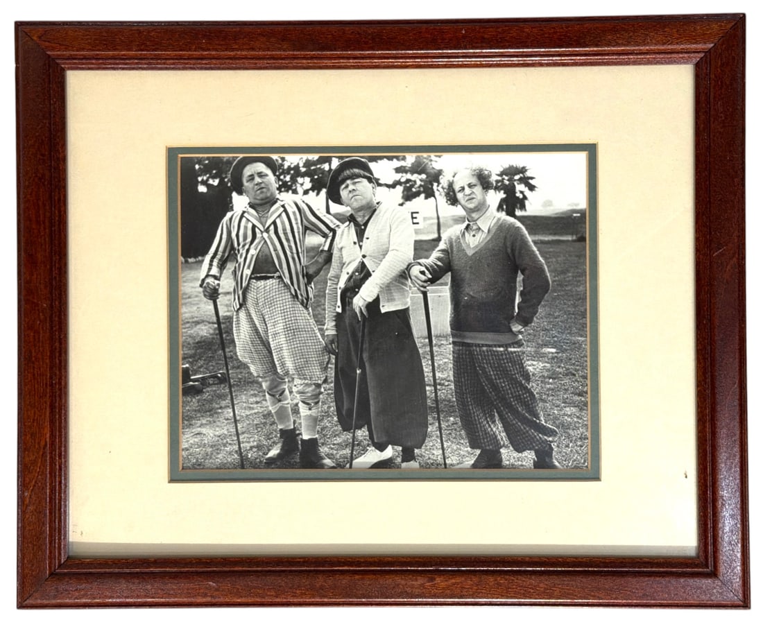 Framed Photograph Titled Three Stooges Golfing with Friends: Framed Photograph Titled Three Stooges Golfing with Friends