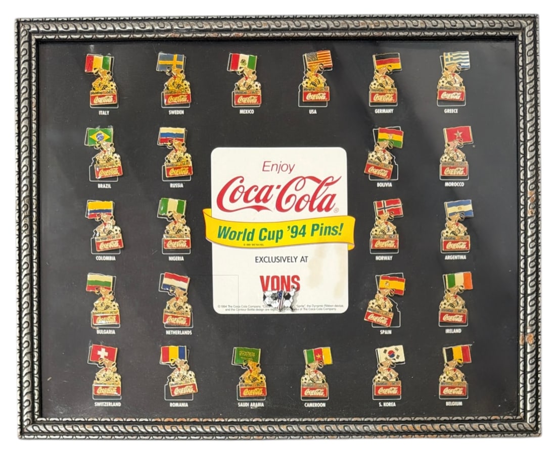 Framed Coca Cola World Cup Pin Collection: Framed Coca Cola World Cup Pin Collection