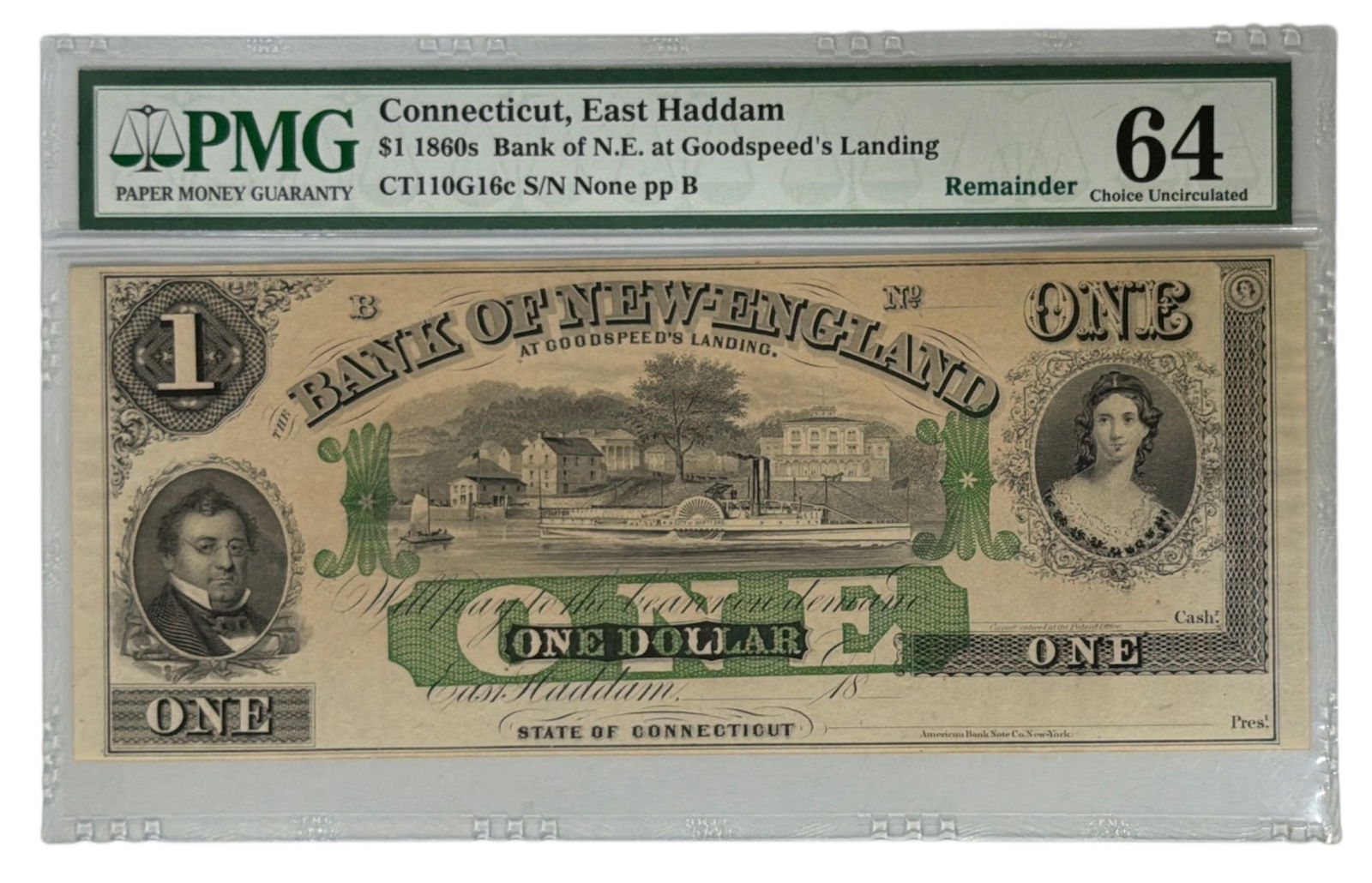 1860s Bank of New England at Goodspeeds Landing | 1 Dollar Obsolete Reminder Note: 1860s Bank of New England at Goodspeeds Landing | 1 Dollar Obsolete Reminder Note