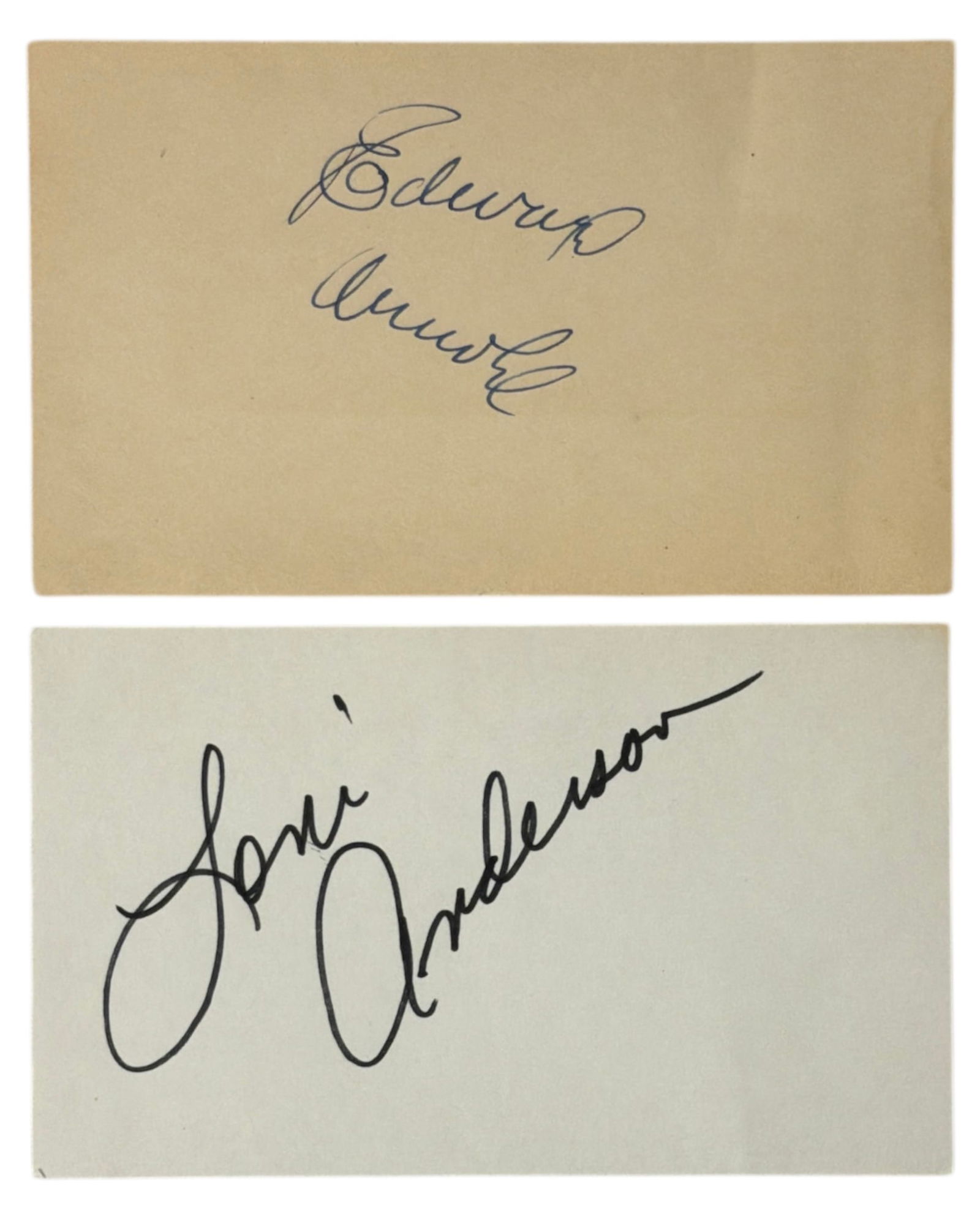 Celebrity Autographes of Edward Arnold and Loni Anderson | no coa: AUTHENTICATION HAS NOT BEEN PERFORMED TO GUARANTEE VERIFICATION | All purchases are made at the buyers discretion