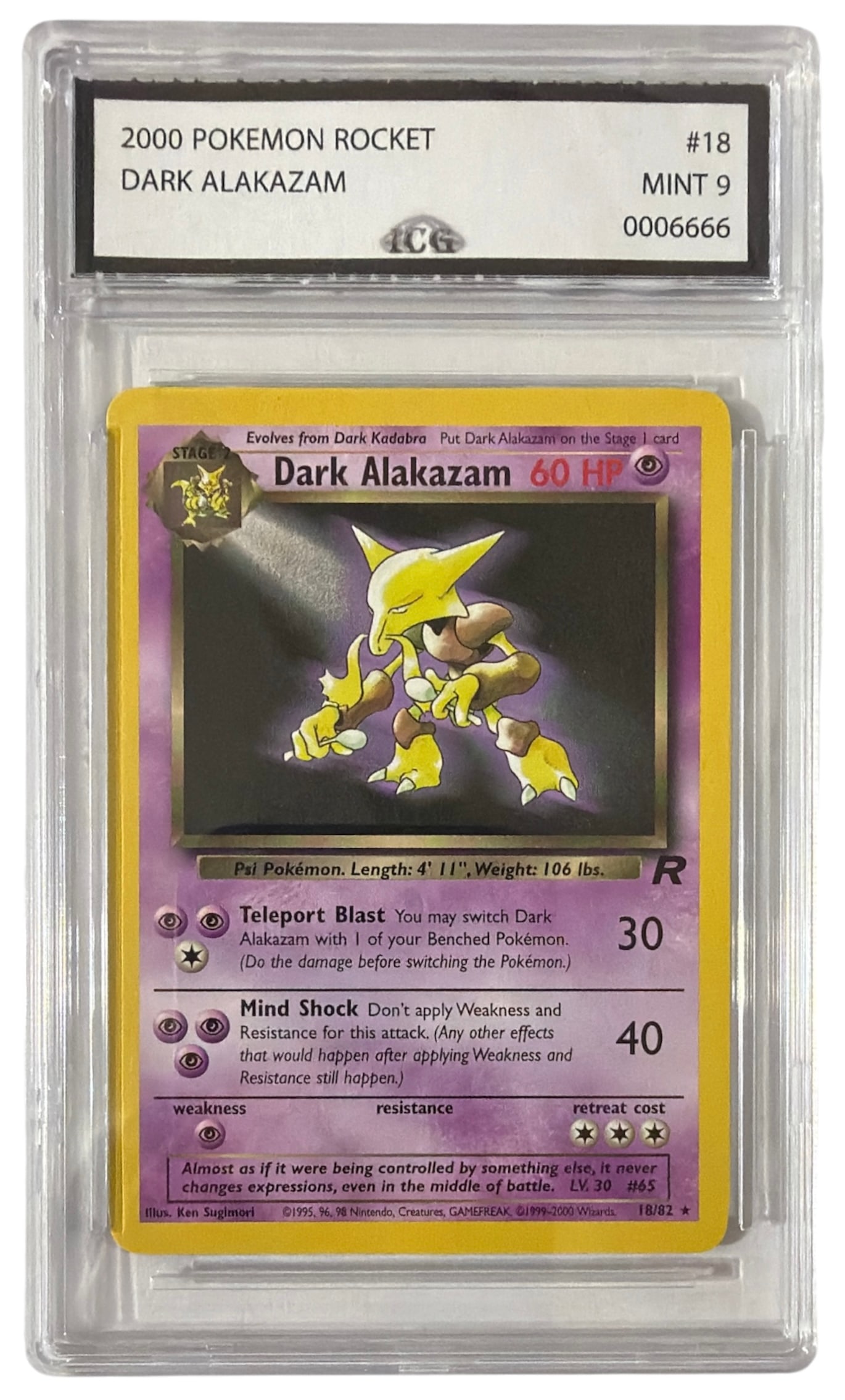 2000 Pokemon Team Rocket Dark Alakazam | No. 18 | Graded 9: 2000 Pokemon Team Rocket Dark Alakazam | No. 18 | Graded 9
