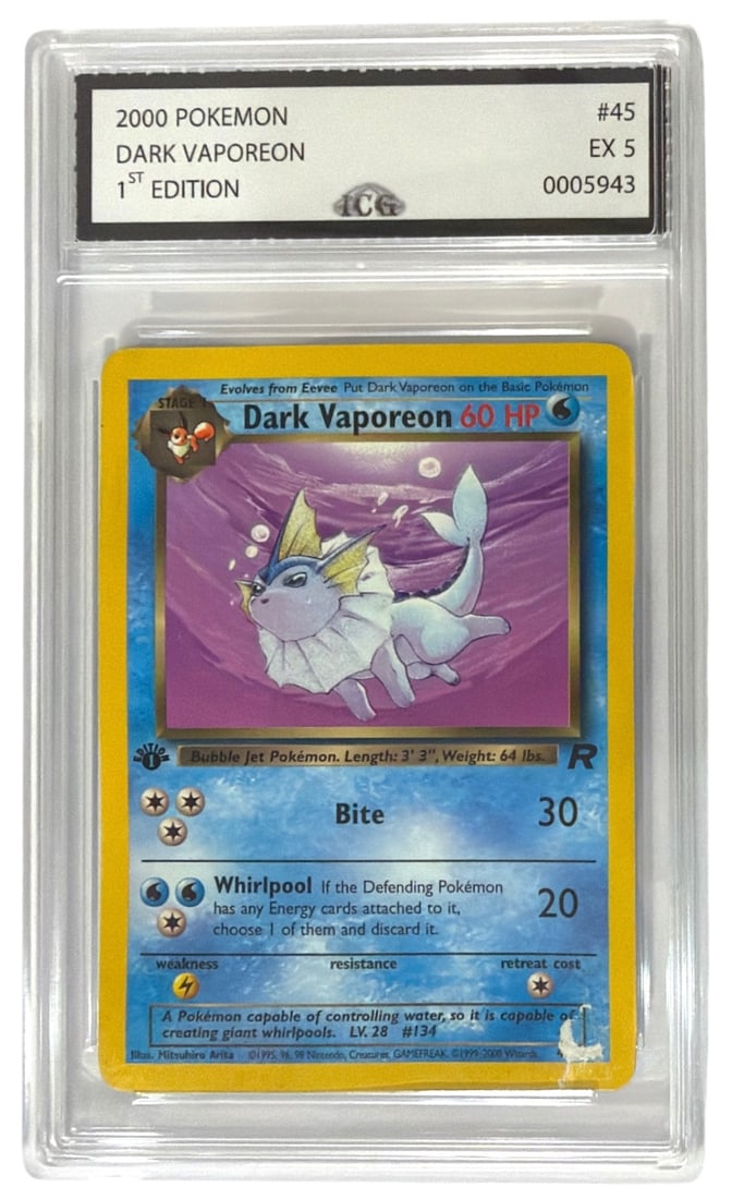 2000 Pokemon 1st Edition Team Rocket Dark Vaporeon | No. 45 | Graded 5: 2000 Pokemon 1st Edition Team Rocket Dark Vaporeon | No. 45 | Graded 5