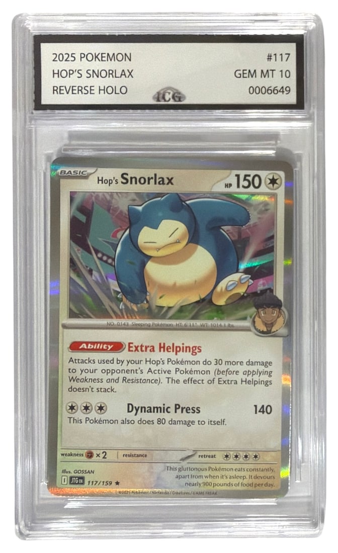 2025 Pokemon Reverse HOLO Hops Snorlax | No. 117 | Graded 10: 2025 Pokemon Reverse HOLO Hops Snorlax | No. 117 | Graded 10