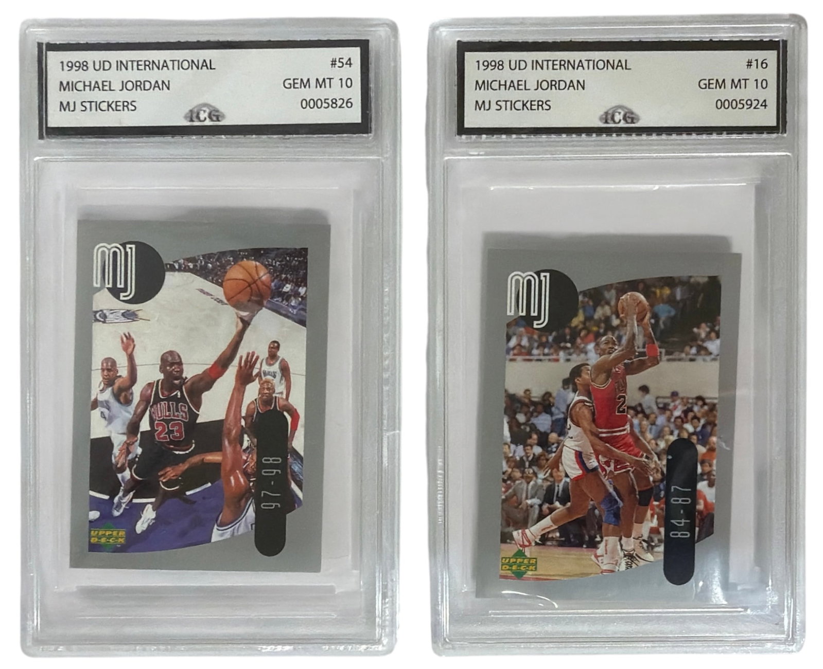 1998 Upper Deck International MJ Sticker Michael Jordan | No. 54 and 16 | Graded 10 (1 of 2)