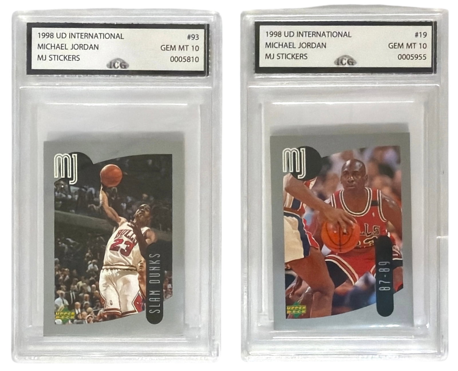 1998 Upper Deck International MJ Sticker Michael Jordan | No. 93 and 19 | Graded 10 (1 of 2)