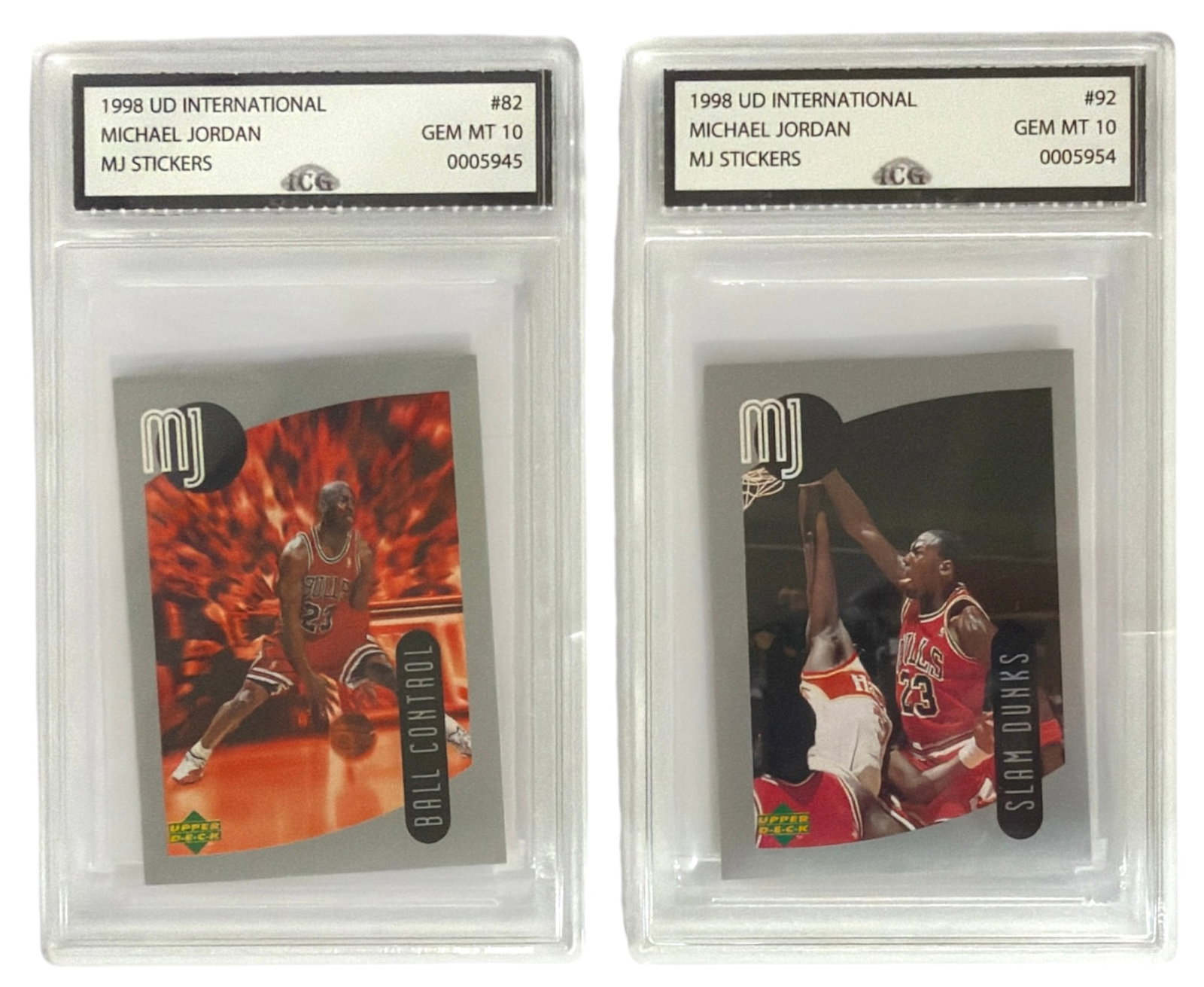 1998 Upper Deck International MJ Sticker Michael Jordan | No. 82 and 92 | Graded 10: 1998 Upper Deck International MJ Sticker Michael Jordan | No. 82 and 92 | Graded 10