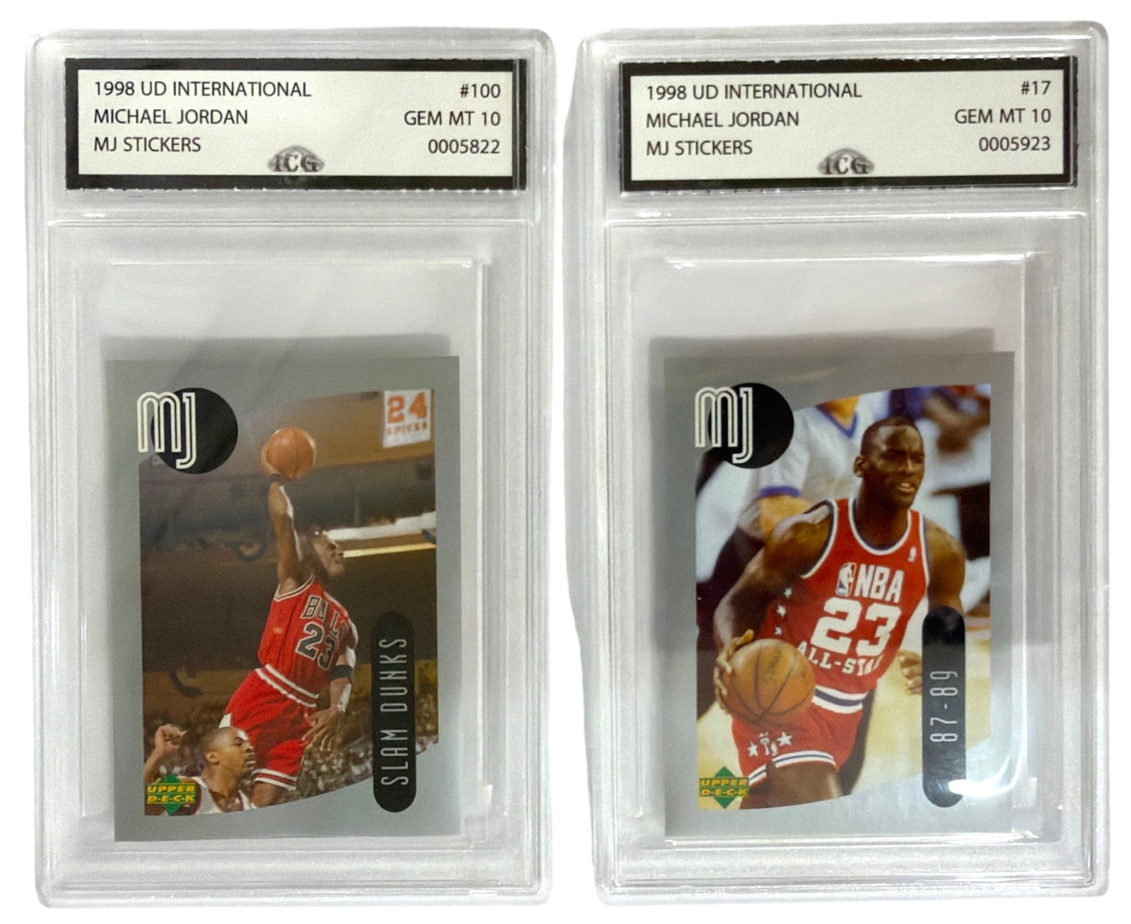 1998 Upper Deck International MJ Sticker Michael Jordan | No. 100 and 17 | Graded 10: 1998 Upper Deck International MJ Sticker Michael Jordan | No. 100 and 17 | Graded 10