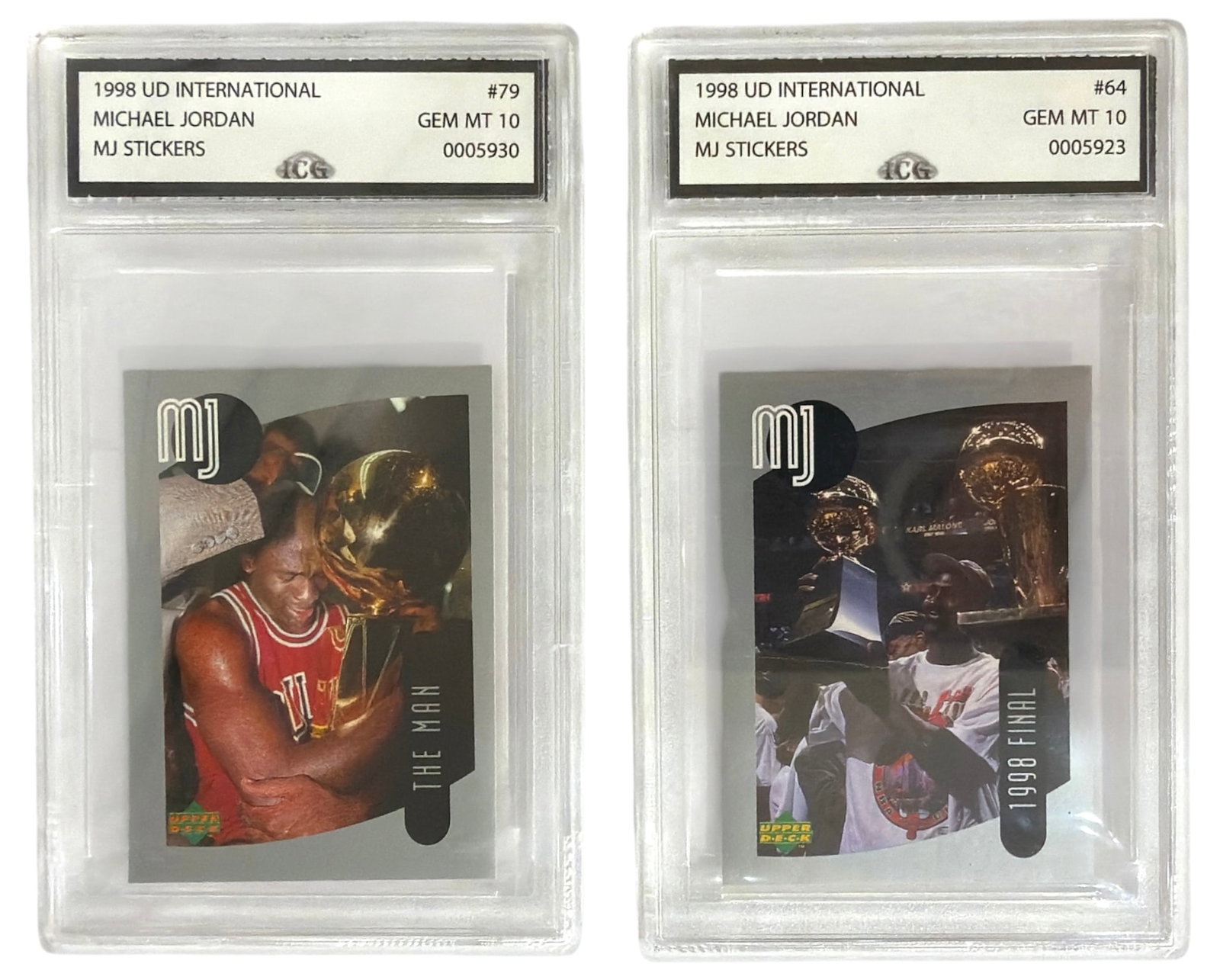 1998 Upper Deck International MJ Sticker Michael Jordan | No. 79 and 64 | Graded 10 (1 of 2)