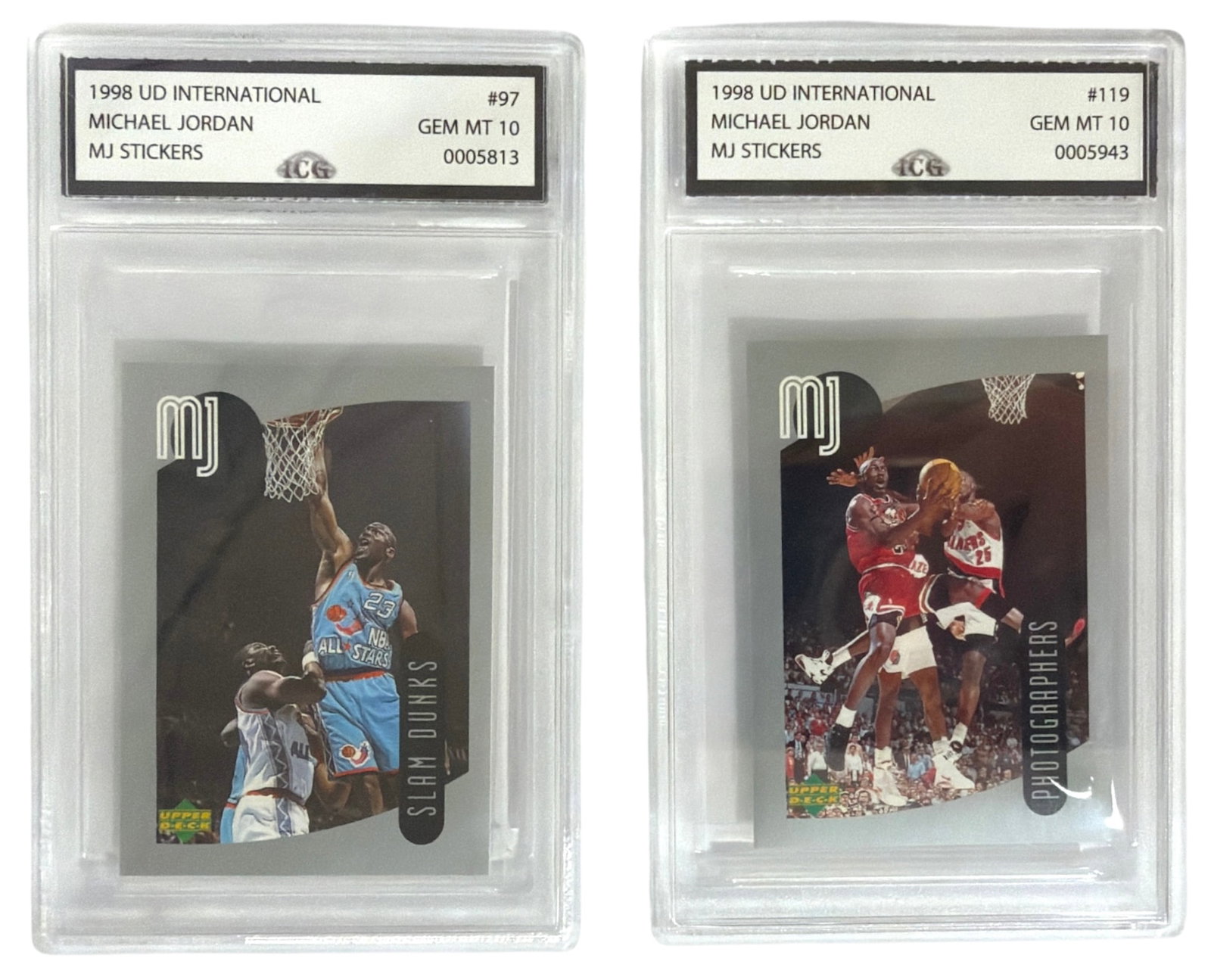 1998 Upper Deck International MJ Sticker Michael Jordan | No. 97 and 119 | Graded 10 (1 of 2)