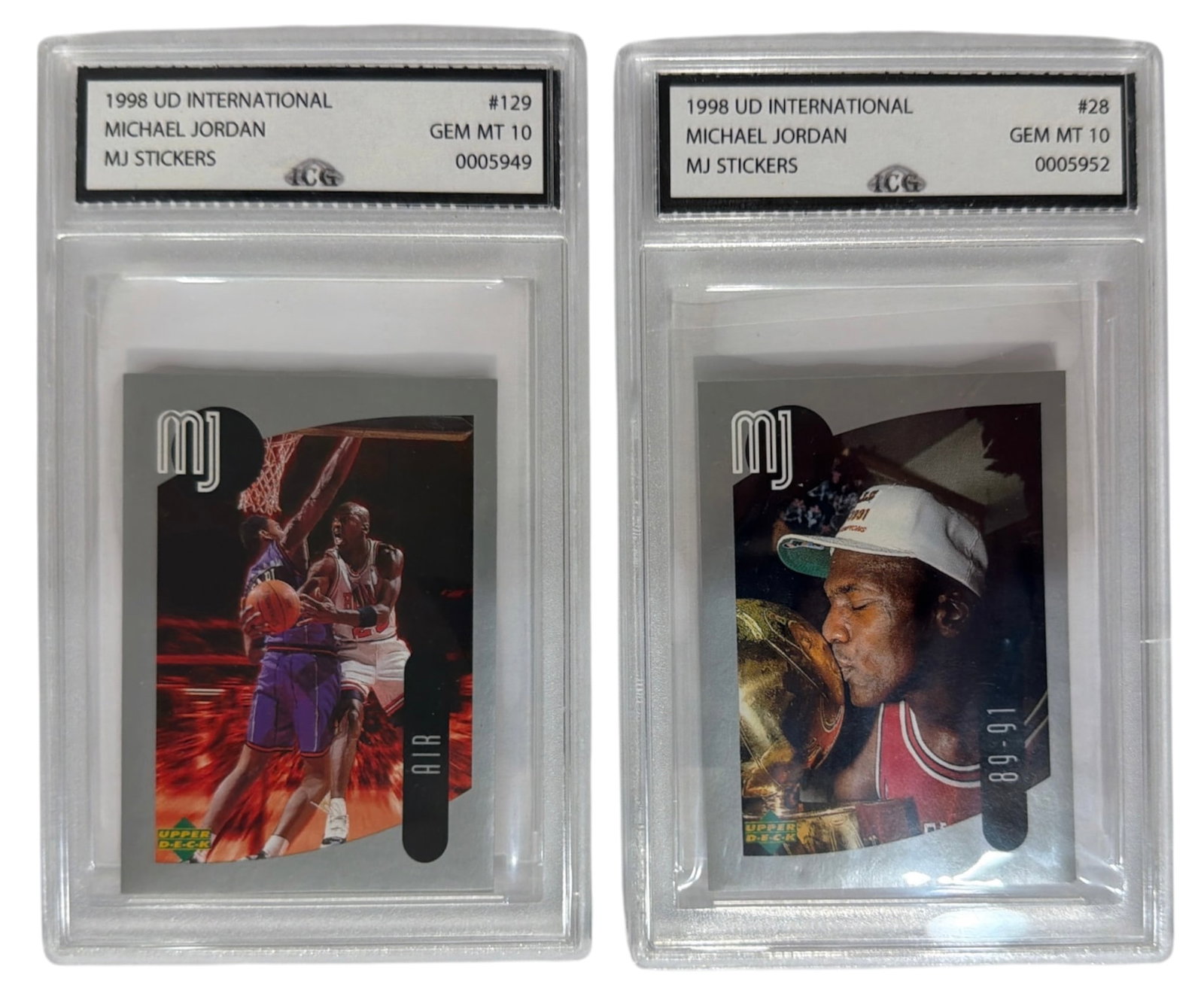 1998 Upper Deck International MJ Sticker Michael Jordan | No. 129 and 28 | Graded 10 (1 of 2)