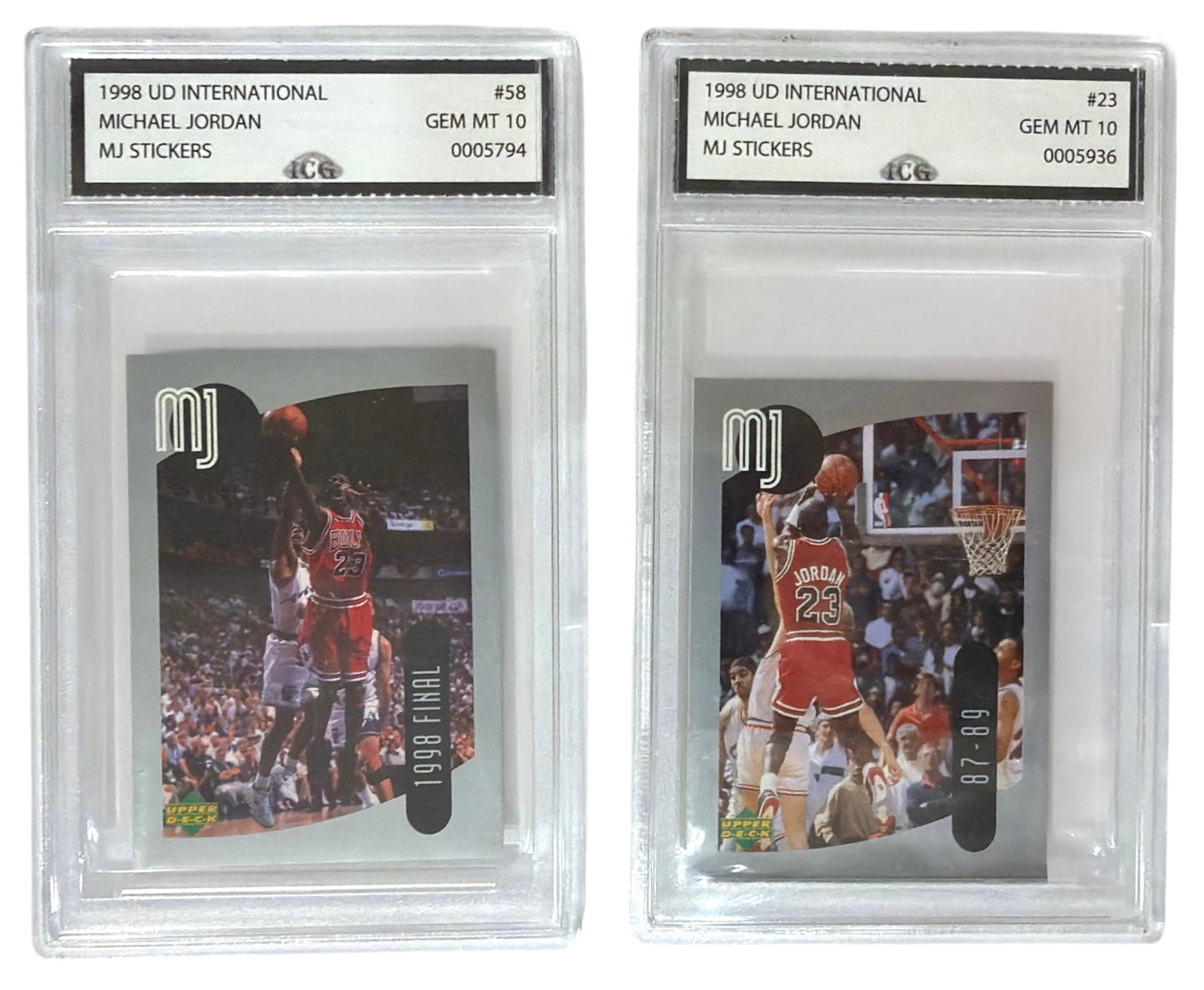 1998 Upper Deck International MJ Sticker Michael Jordan | No. 58 and 23 | Graded 10 (1 of 2)