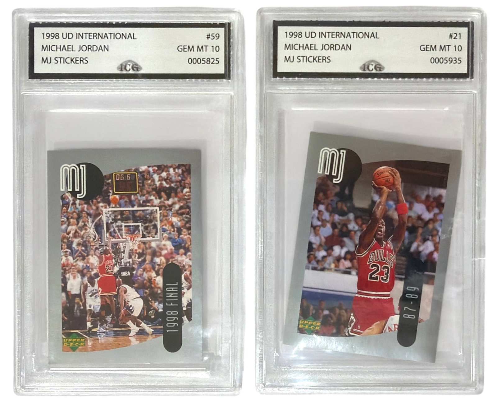 1998 Upper Deck International MJ Sticker Michael Jordan | No. 59 and 21 | Graded 10 (1 of 2)