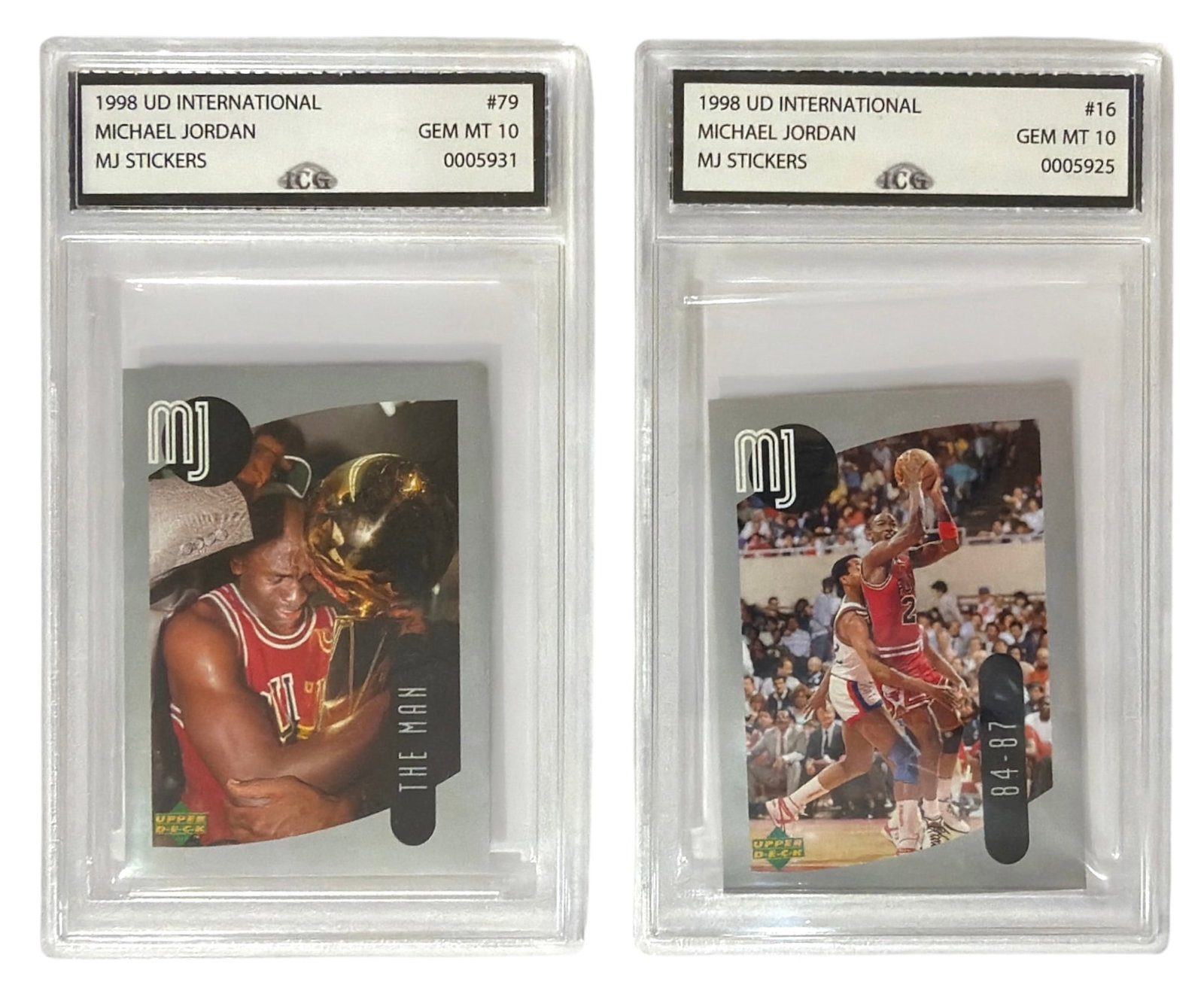 1998 Upper Deck International MJ Sticker Michael Jordan | No. 79 and 16 | Graded 10 (1 of 2)