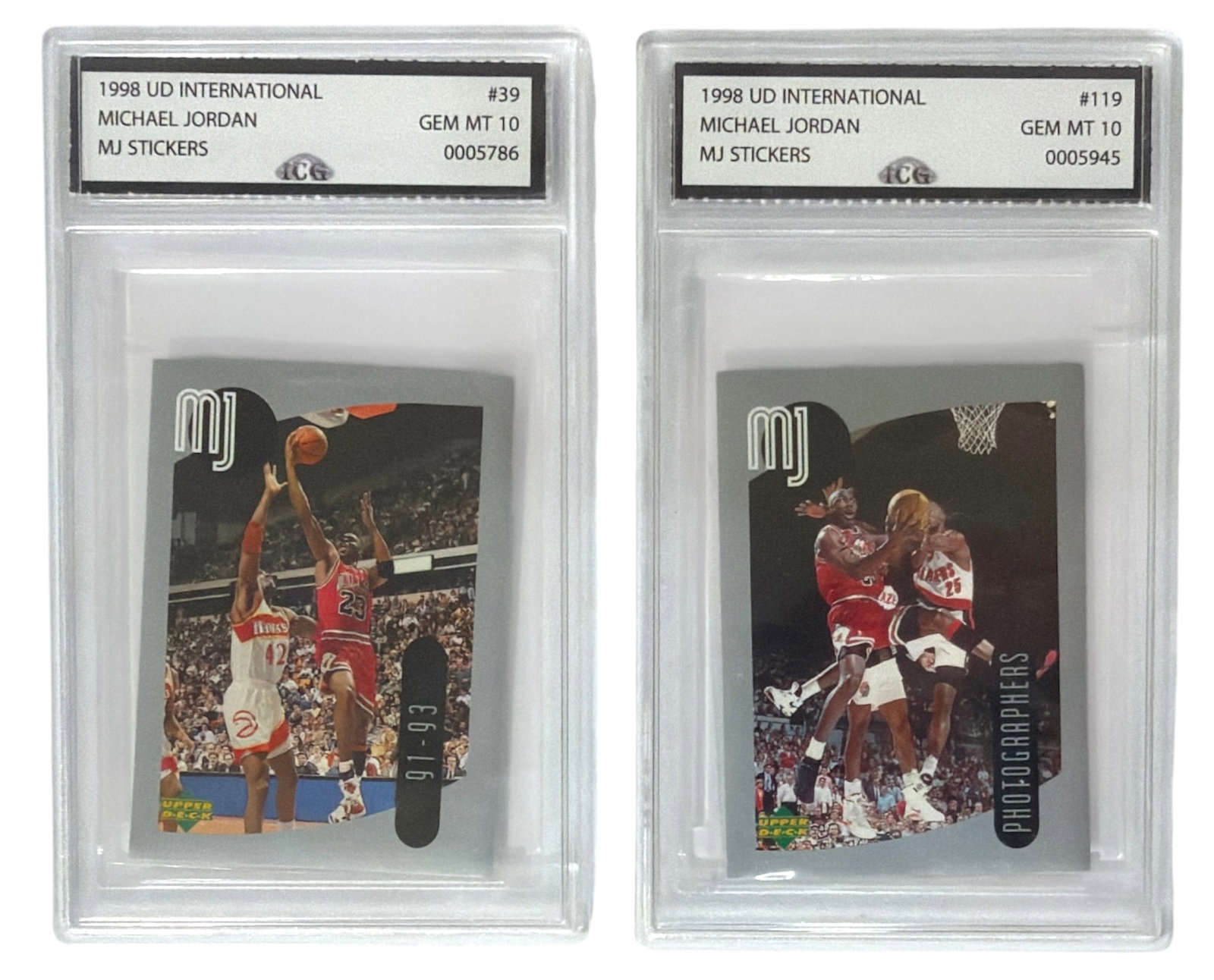 1998 Upper Deck International MJ Sticker Michael Jordan | No. 39 and 119 | Graded 10: 1998 Upper Deck International MJ Sticker Michael Jordan | No. 39 and 119 | Graded 10