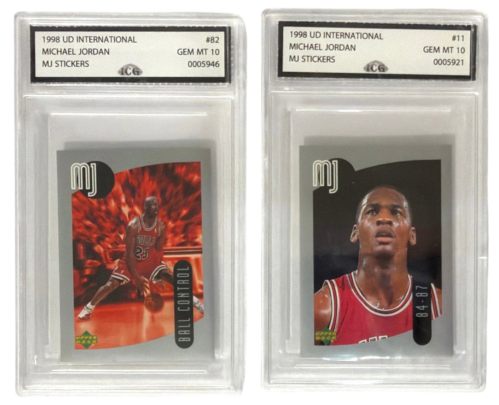 1998 Upper Deck International MJ Sticker Michael Jordan | No. 82 and 11 | Graded 10 (1 of 2)