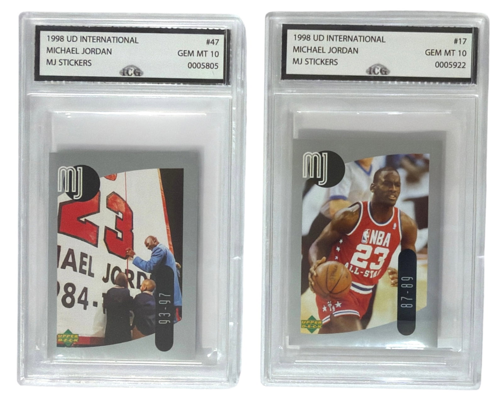 1998 Upper Deck International MJ Sticker Michael Jordan | No. 47 and 17 | Graded 10: 1998 Upper Deck International MJ Sticker Michael Jordan | No. 47 and 17 | Graded 10
