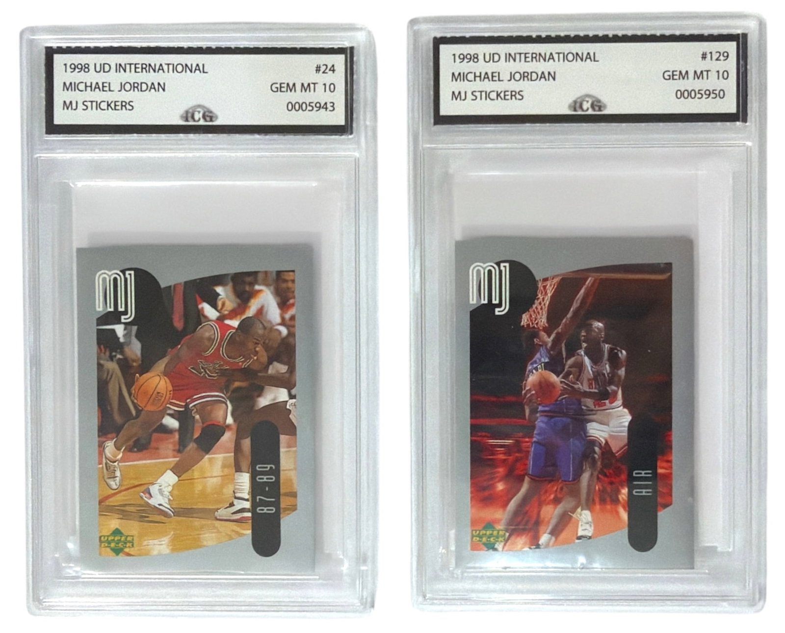 1998 Upper Deck International MJ Sticker Michael Jordan | No. 24 and 129 | Graded 10: 1998 Upper Deck International MJ Sticker Michael Jordan | No. 24 and 129 | Graded 10