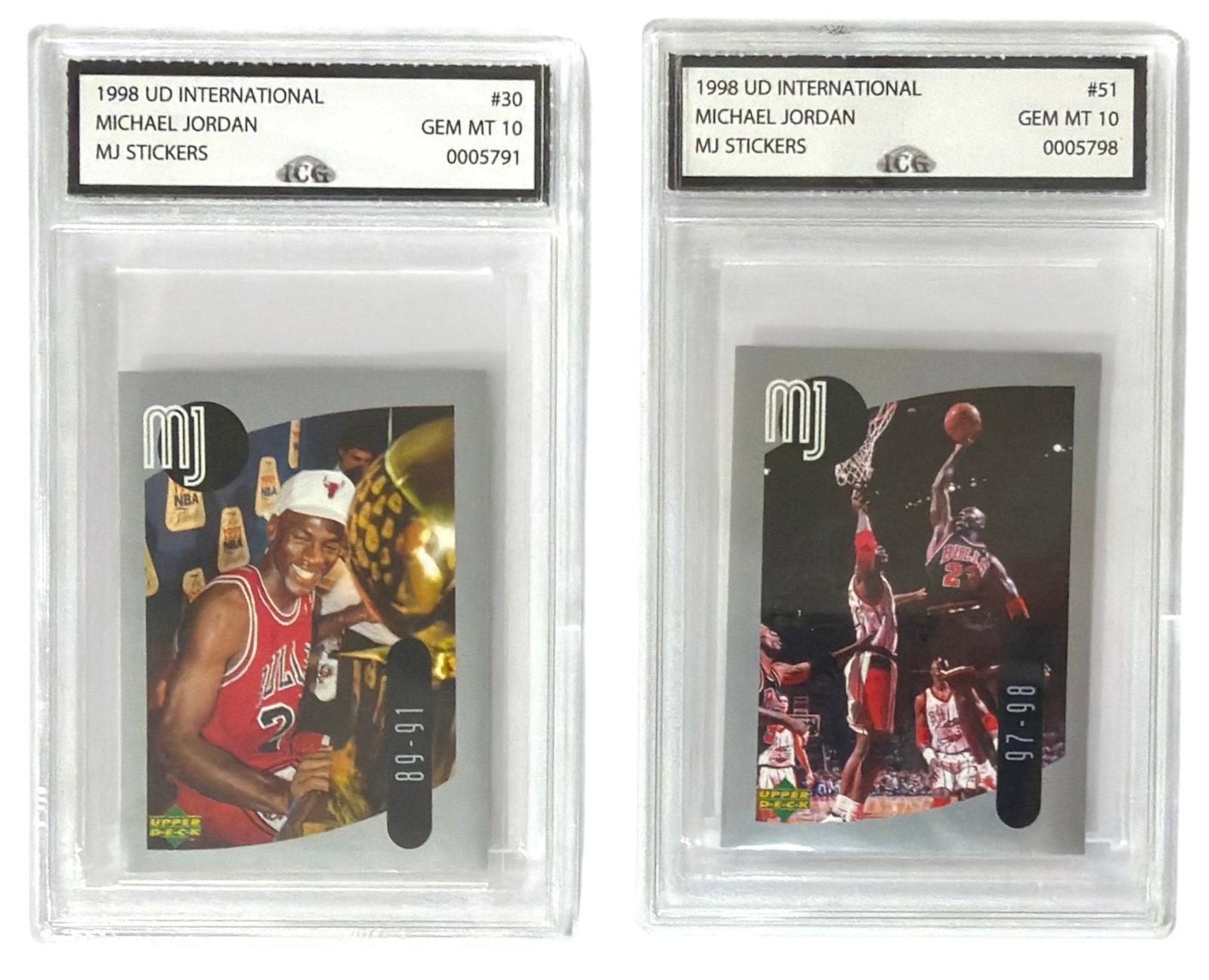 1998 Upper Deck International MJ Sticker Michael Jordan | No. 30 and 51 | Graded 10 (1 of 2)