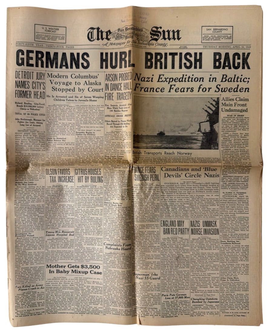 The San Bernardino Sun Newspaper Published on Thursday April 25 1940: The San Bernardino Sun Newspaper Published on Thursday April 25 1940