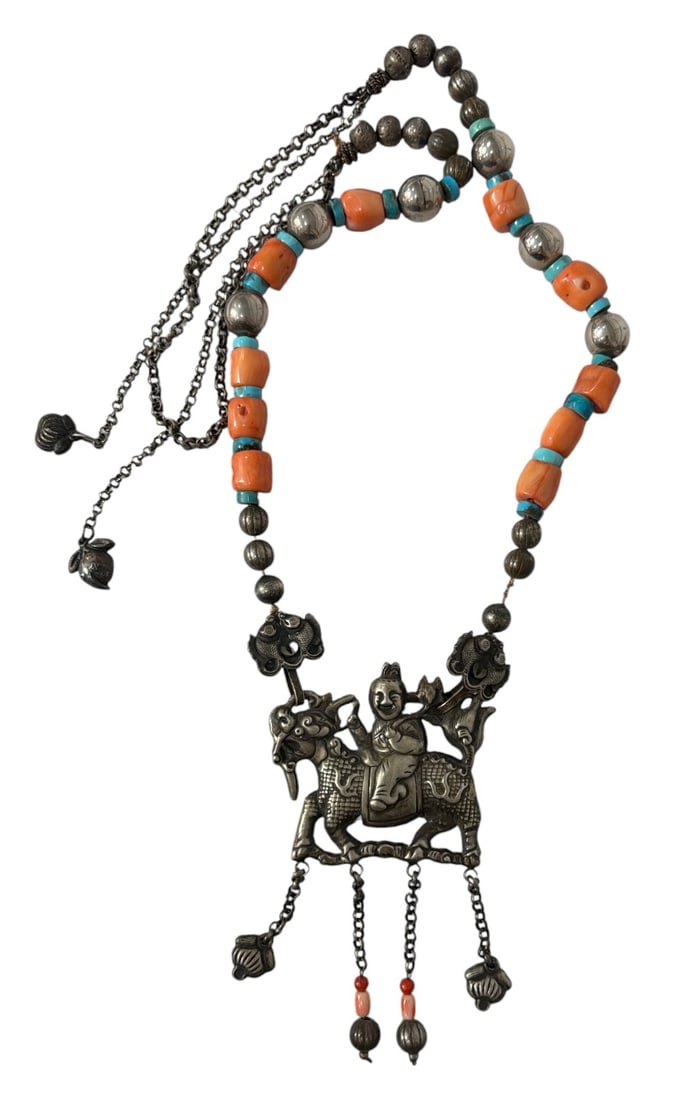 Antique Chinese Necklace | Sterling Silver Pendant Boy Riding a Qilin Mythical Beast | 151 g (1 of 6)