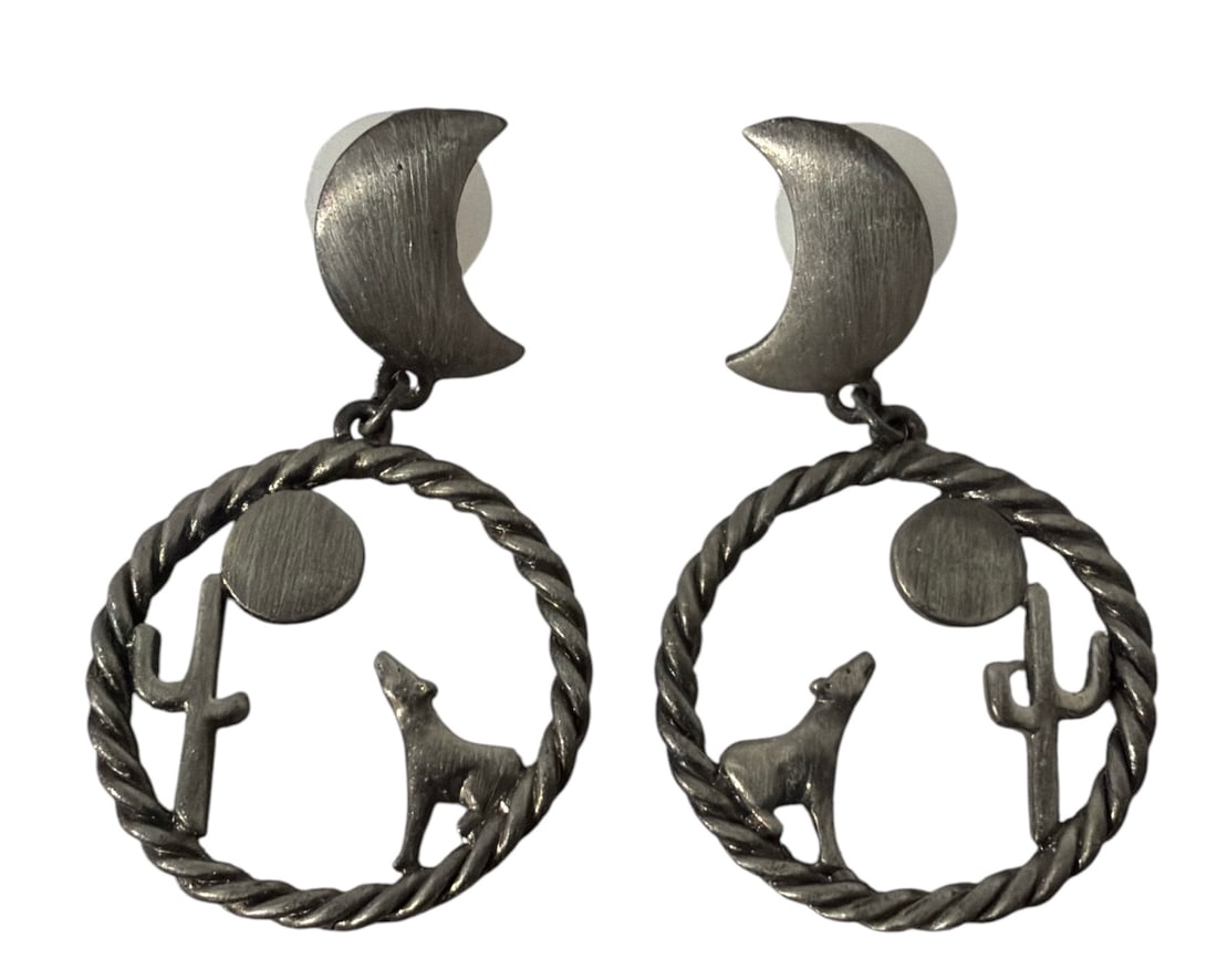 Sterling Silver Earring Howling Wolf and Saguaro Cactus | 16.1 g (1 of 2)