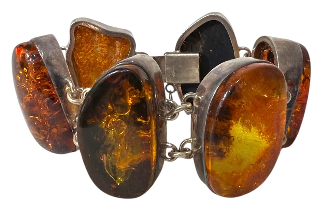 Sterling Silver Bracelet With Amber Stones | 62 g: Sterling Silver Bracelet With Amber Stones | 62 g