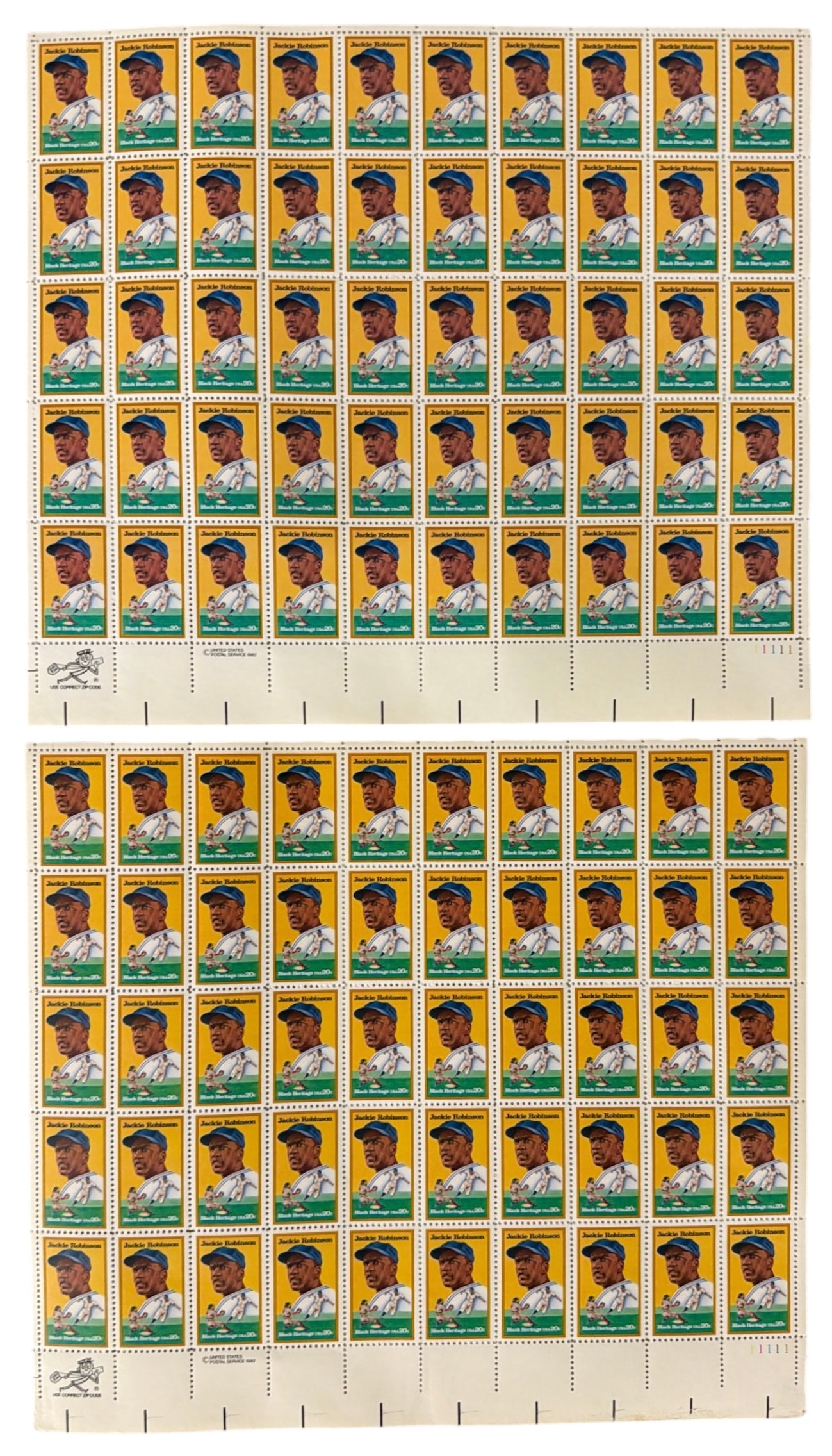 Uncut Sheets of the 1982 20 Cent Jackie Robinson US Postage Stamps (1 of 2)
