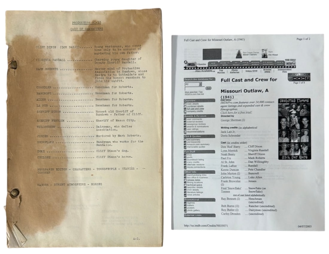 1941 Original Production Script for Missouri Outlaw