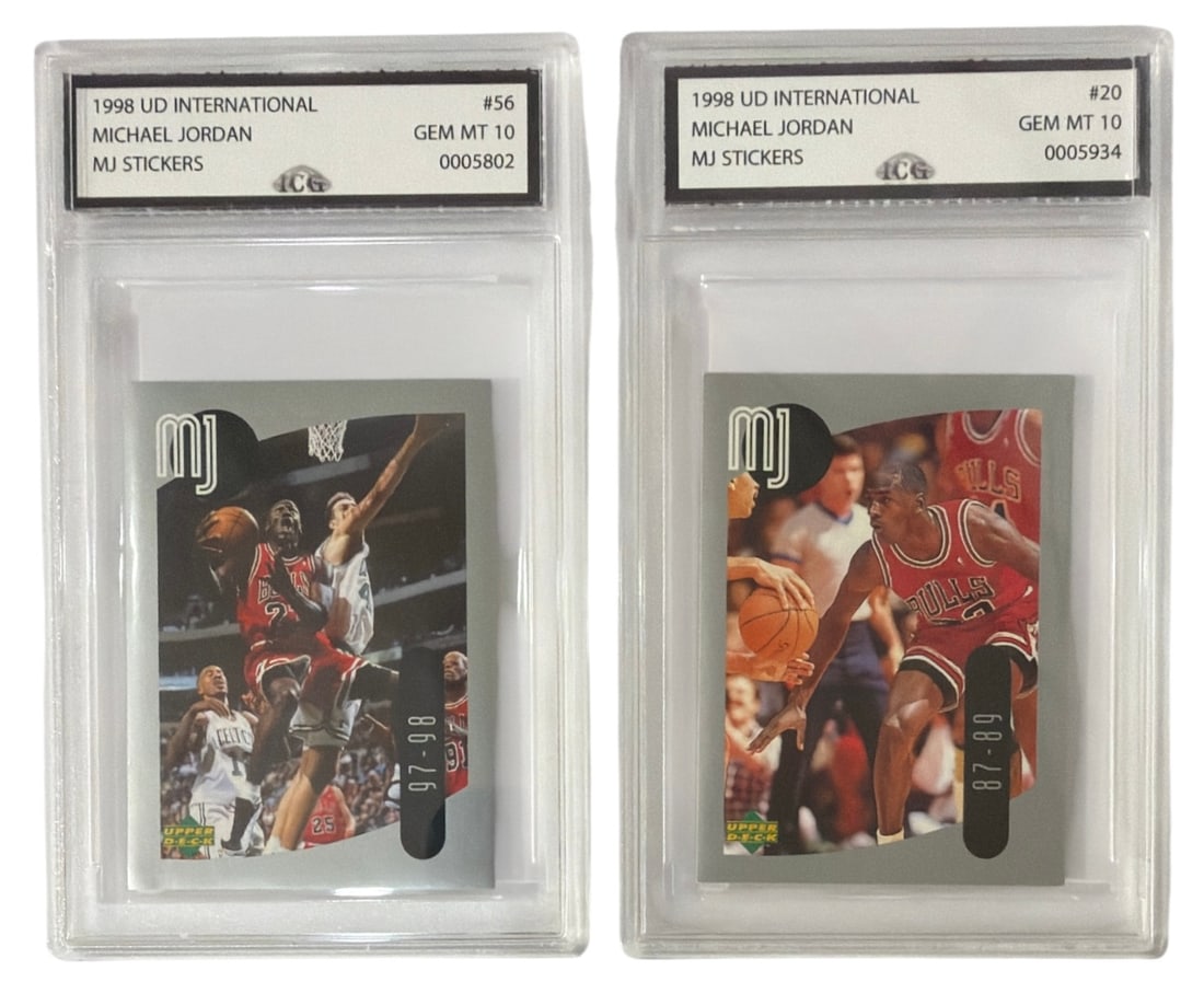 1998 Upper Deck International MJ Sticker Michael Jordan | No. 56 and 20 | Graded 10: 1998 Upper Deck International MJ Sticker Michael Jordan | No. 56 and 20 | Graded 10