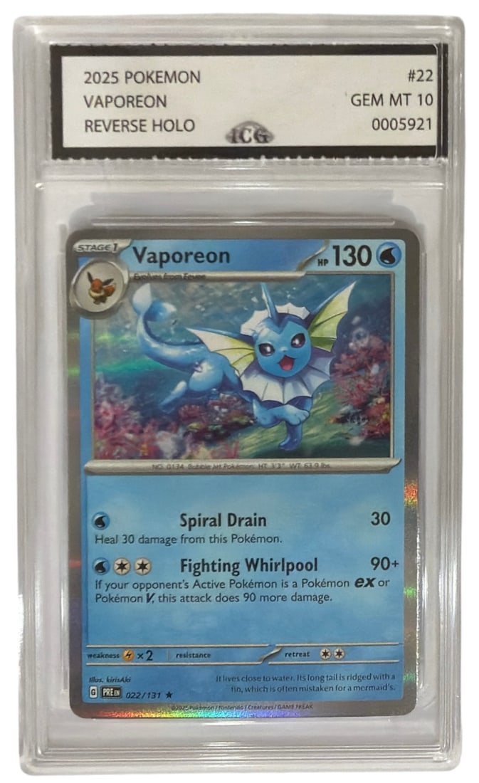 2025 Pokemon Vaporeon Reverse HOLO | No. 22 | Graded 10: 2025 Pokemon Vaporeon Reverse HOLO | No. 22 | Graded 10
