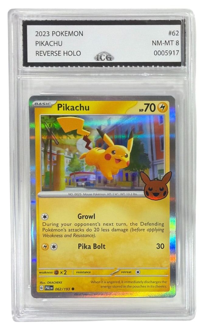 2023 Pokemon Reverse HOLO Pikachu | No. 62 | Graded 8 (1 of 2)