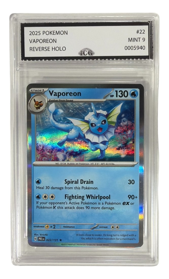 2025 Pokemon Reverse HOLO Vaporeon | No. 22 | Graded 9: 2025 Pokemon Reverse HOLO Vaporeon | No. 22 | Graded 9