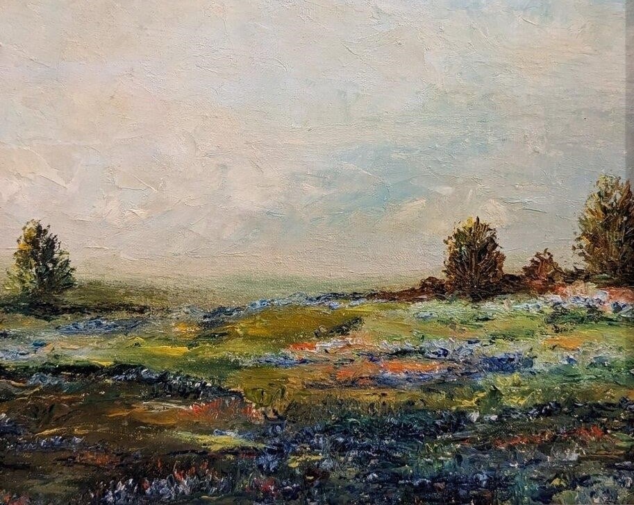 Impressionist Bluebonnet: Impressionist Bluebonnet, oil on board. Sight: 9.75" x 11.75" Frame: 13.25" x 15.25" In-house shipping is available for smaller items. Shipping is available for larger and other fragile items through 