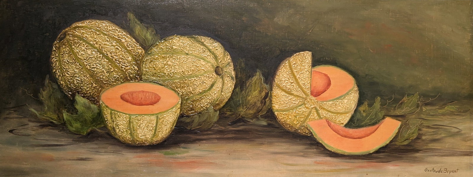 Gertrude Bryant, "Cantaloupes": Gertrude Bryant, "Cantaloupes". Sight: 11.5" x 29.75" Frame: 16.5" x 34.75" In-house shipping is available for smaller items. Shipping is available for larger and other fragile items through Pac Mail,