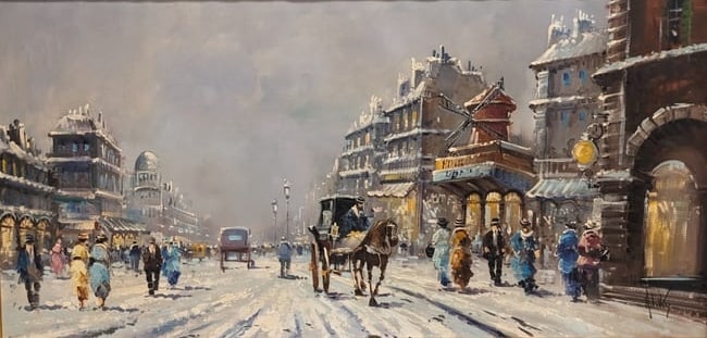 Antonio De Vity, Oil on Canvas "Moulin Rouge": Antonio De Vity, Oil on Canvas "Moulin Rouge". Sight: 47.25" x 23.75" Frame: 28" x 52.25" In-house shipping is available for smaller items. Shipping is available for larger and other fragile items thr