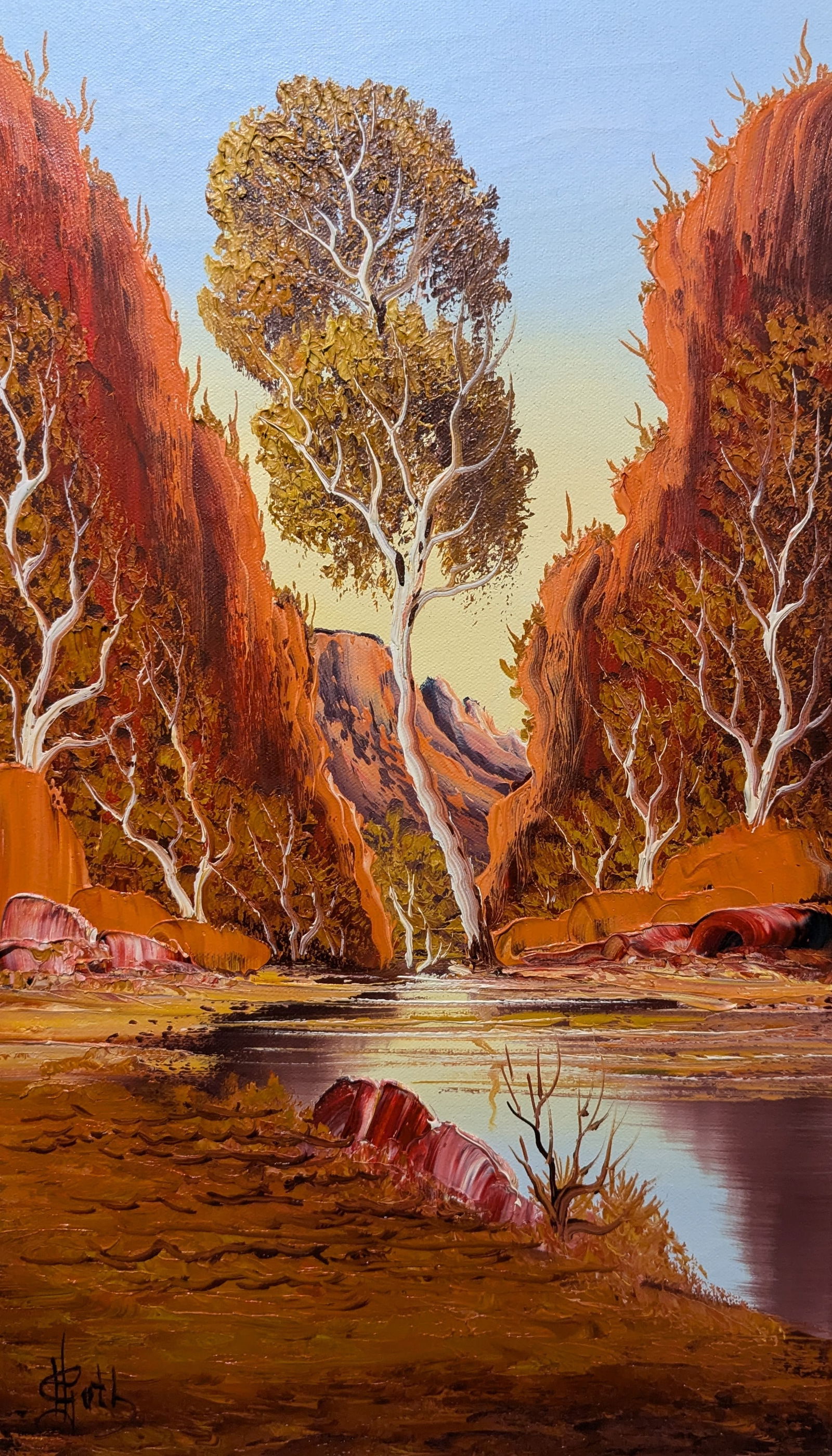 Henk Guth "Seriemtime Gorge" Oil on Canvas Painting: Oil Frame: 23in x 15in Sight: 19.5in x 11.25inIn-house shipping is available for smaller items. Shipping is available for larger and other fragile items through Pac Mail, which is a local shipping opt